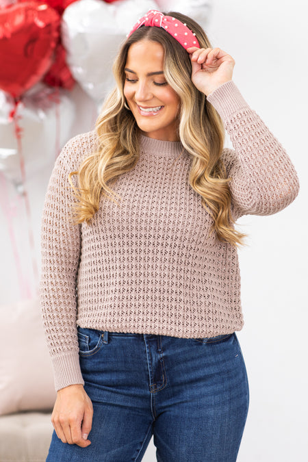 Mocha Crochet Detail Crewneck Sweater