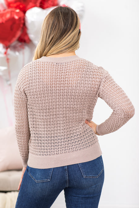 Mocha Crochet Detail Crewneck Sweater