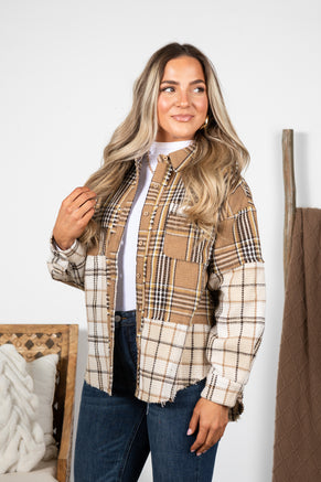 Tan Mixed Plaid Oversized Shacket