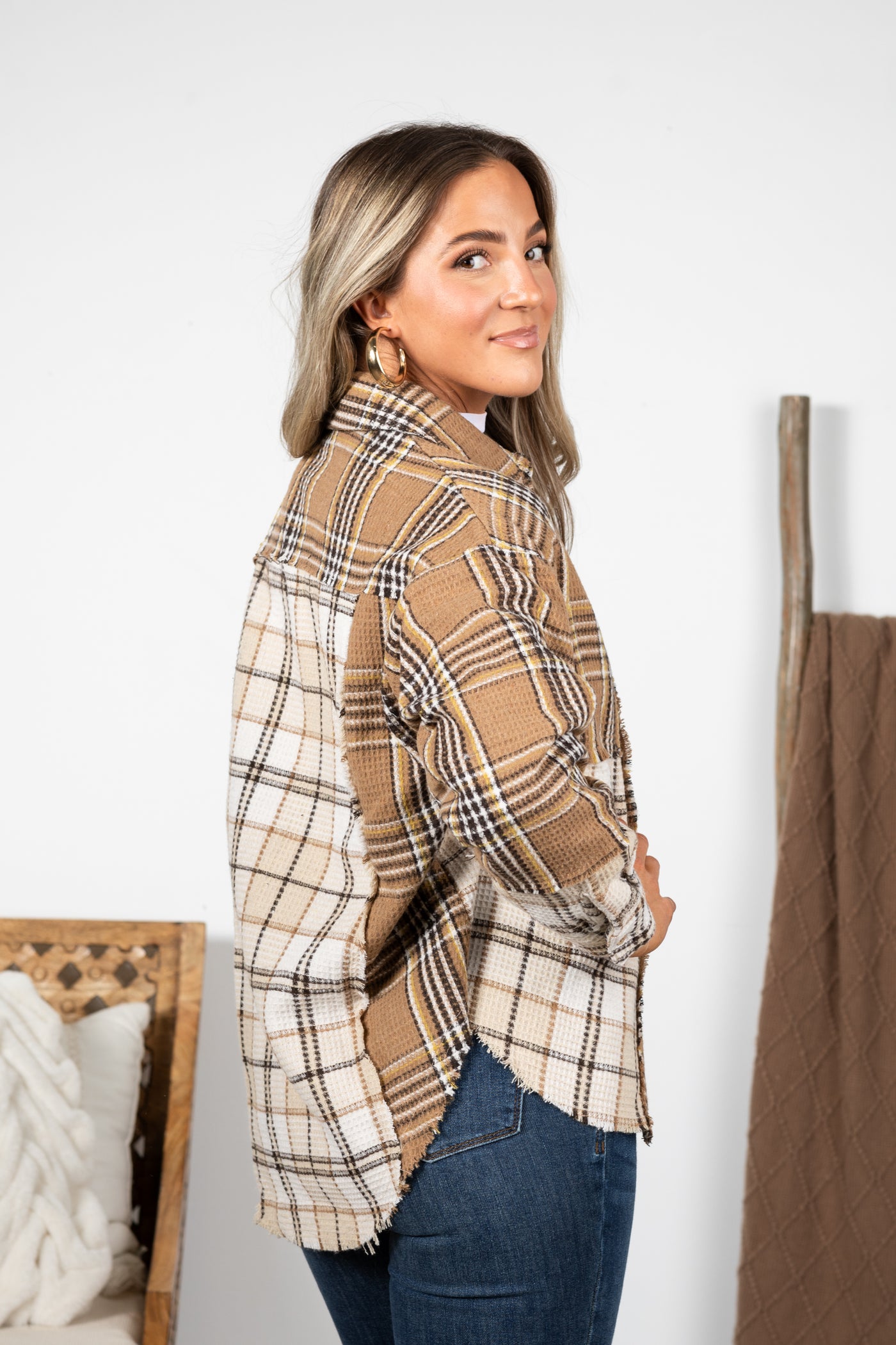 Tan Mixed Plaid Oversized Shacket