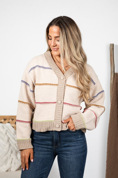 Beige Stripe Button Cardigan