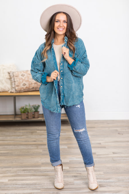 Teal Washed Gauze Fray Hem Button Up Top