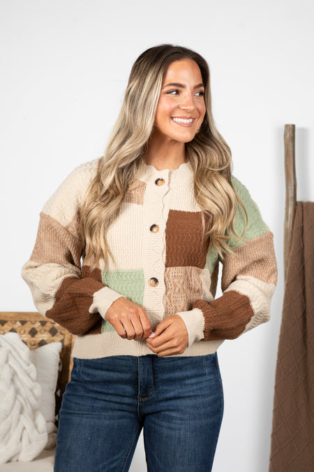 Colorblock Button Down Textured Knit Cardigan