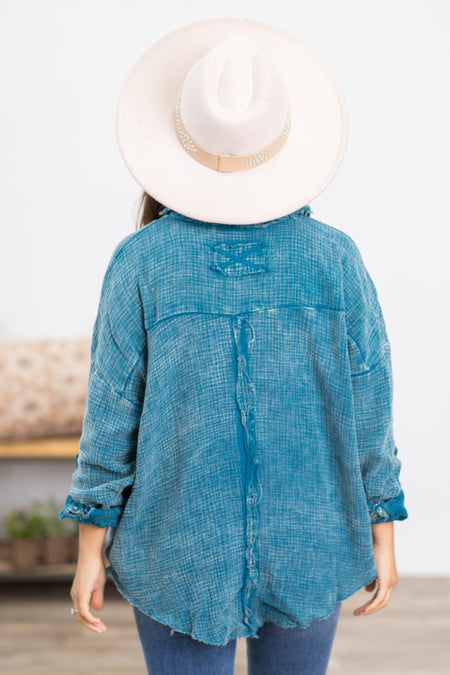 Teal Washed Gauze Fray Hem Button Up Top