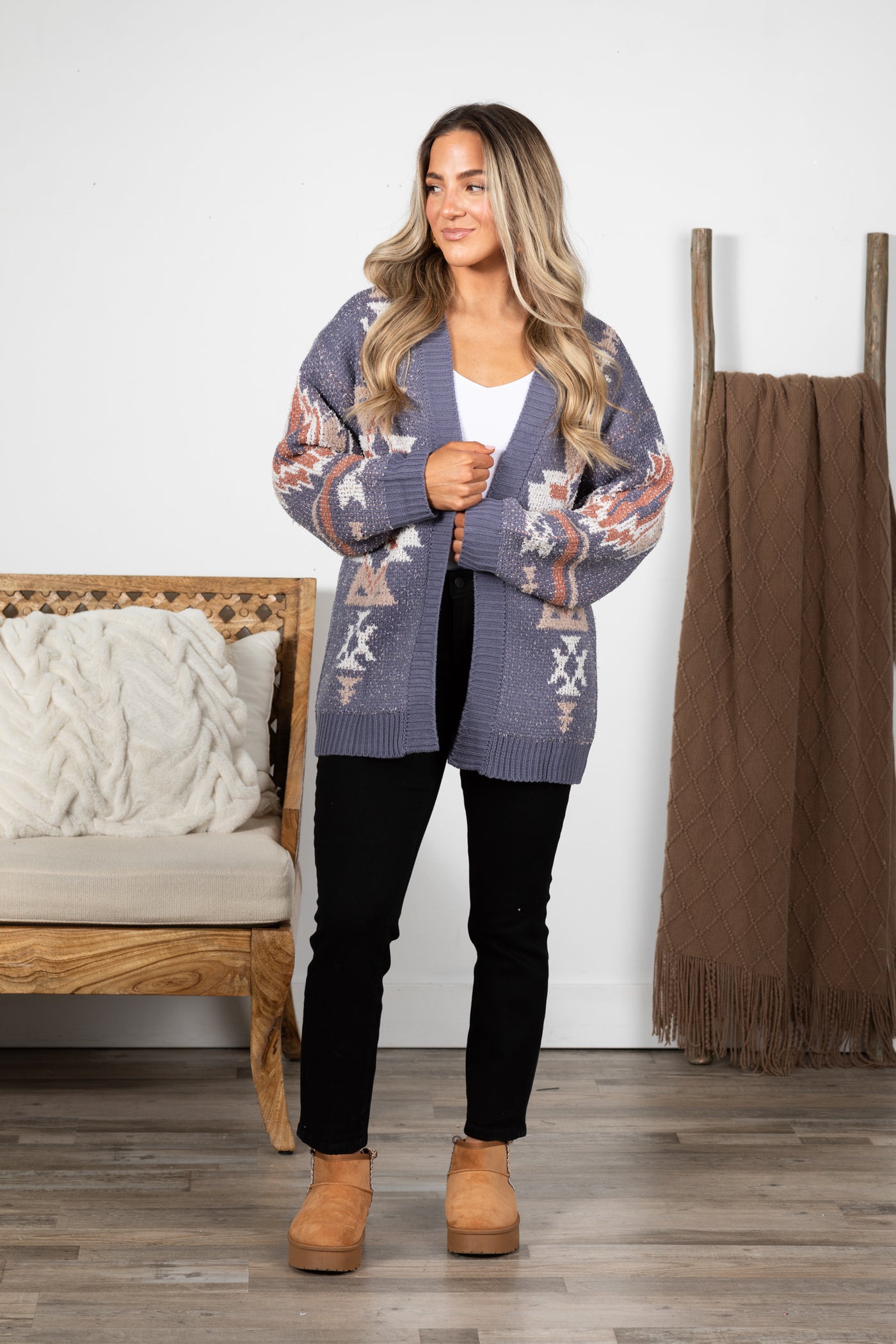 Slate Blue Aztec Print Open Front Cardigan