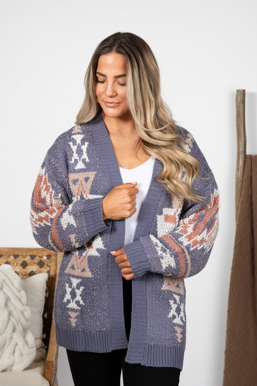 Slate Blue Aztec Print Open Front Cardigan