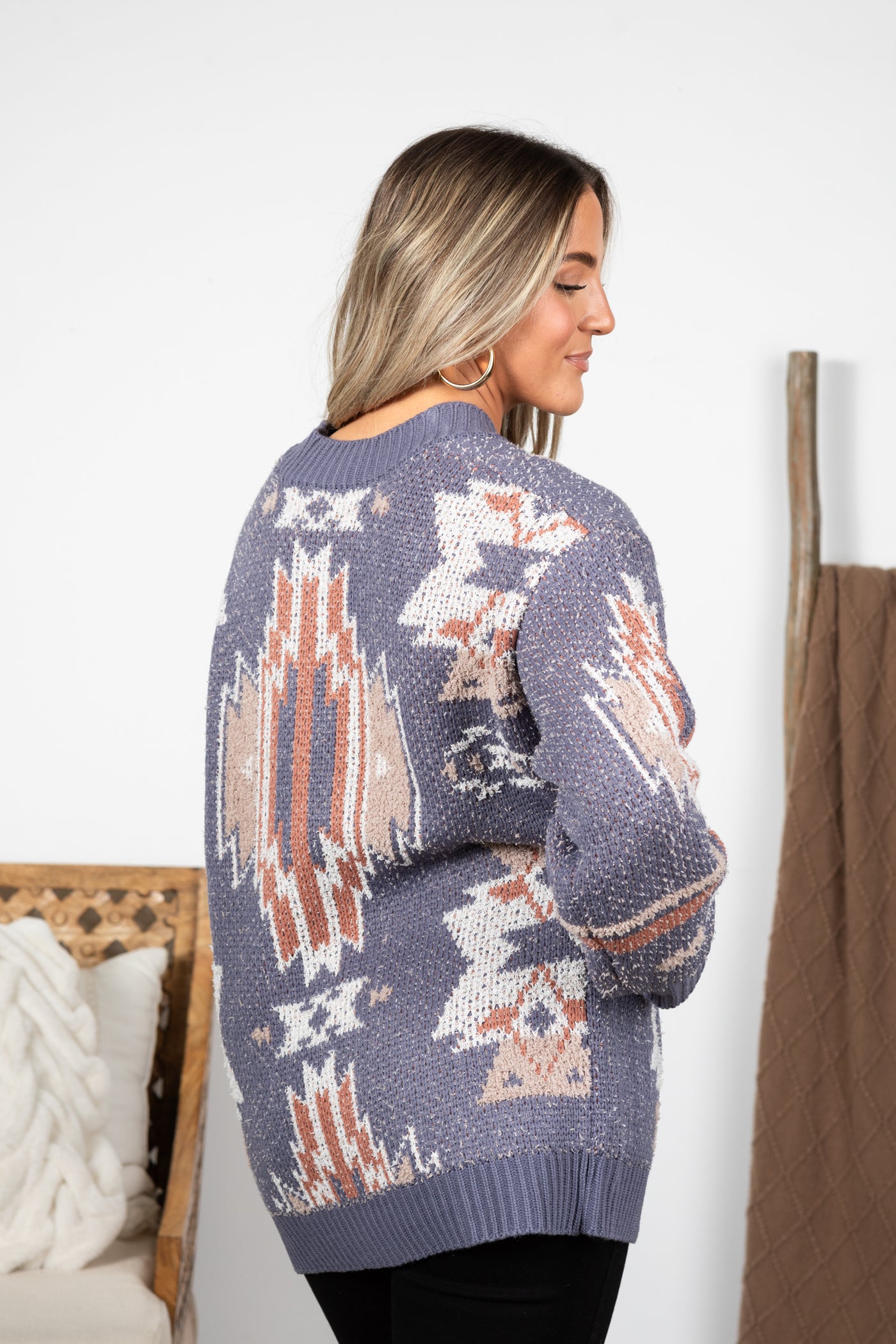 Slate Blue Aztec Print Open Front Cardigan