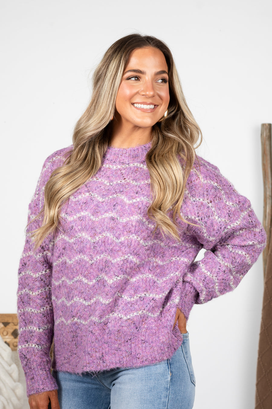 Orchid Wave Striped Soft Knit Pullover Sweater