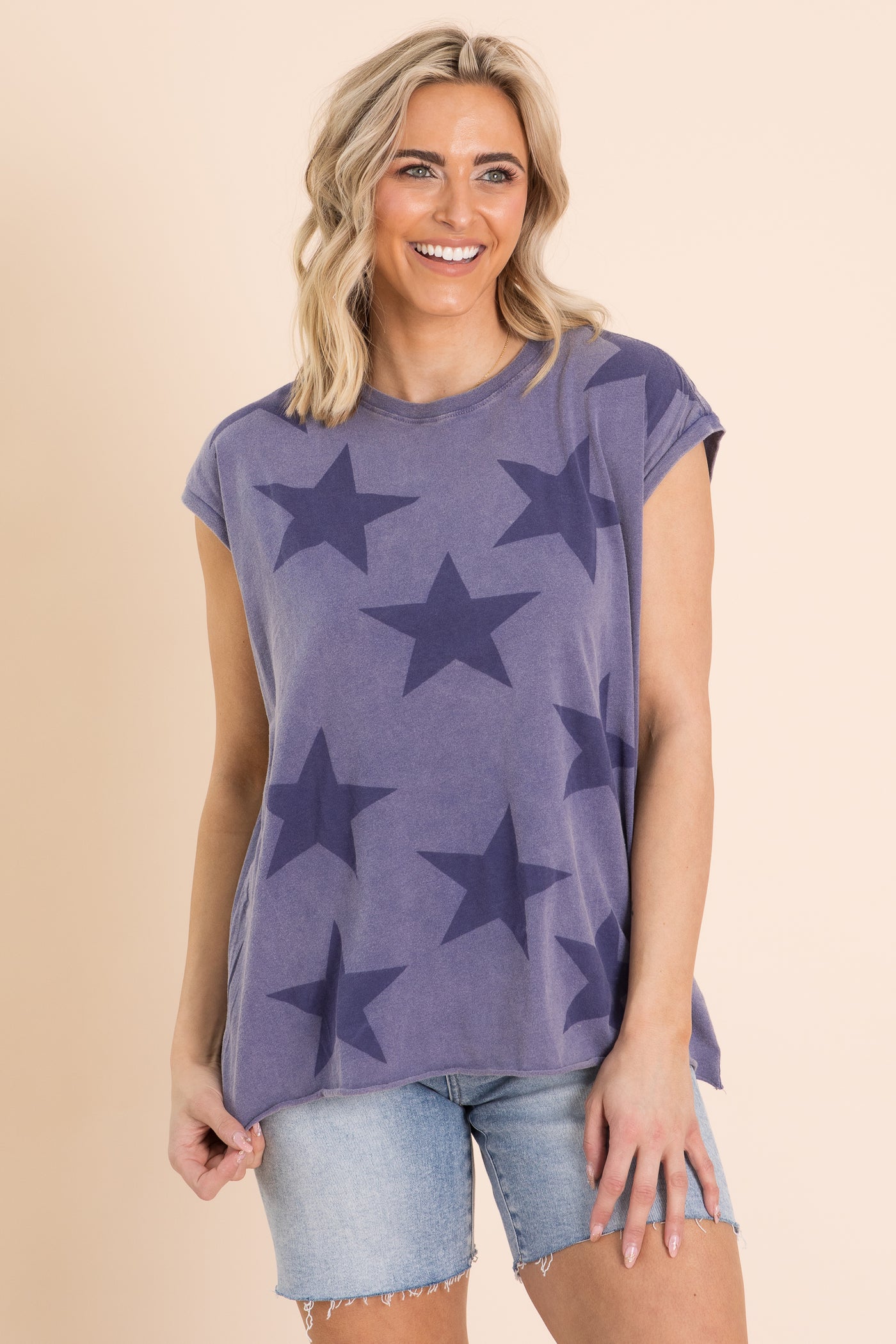 Dark Dusty Indigo Star Print Short Sleeve Top