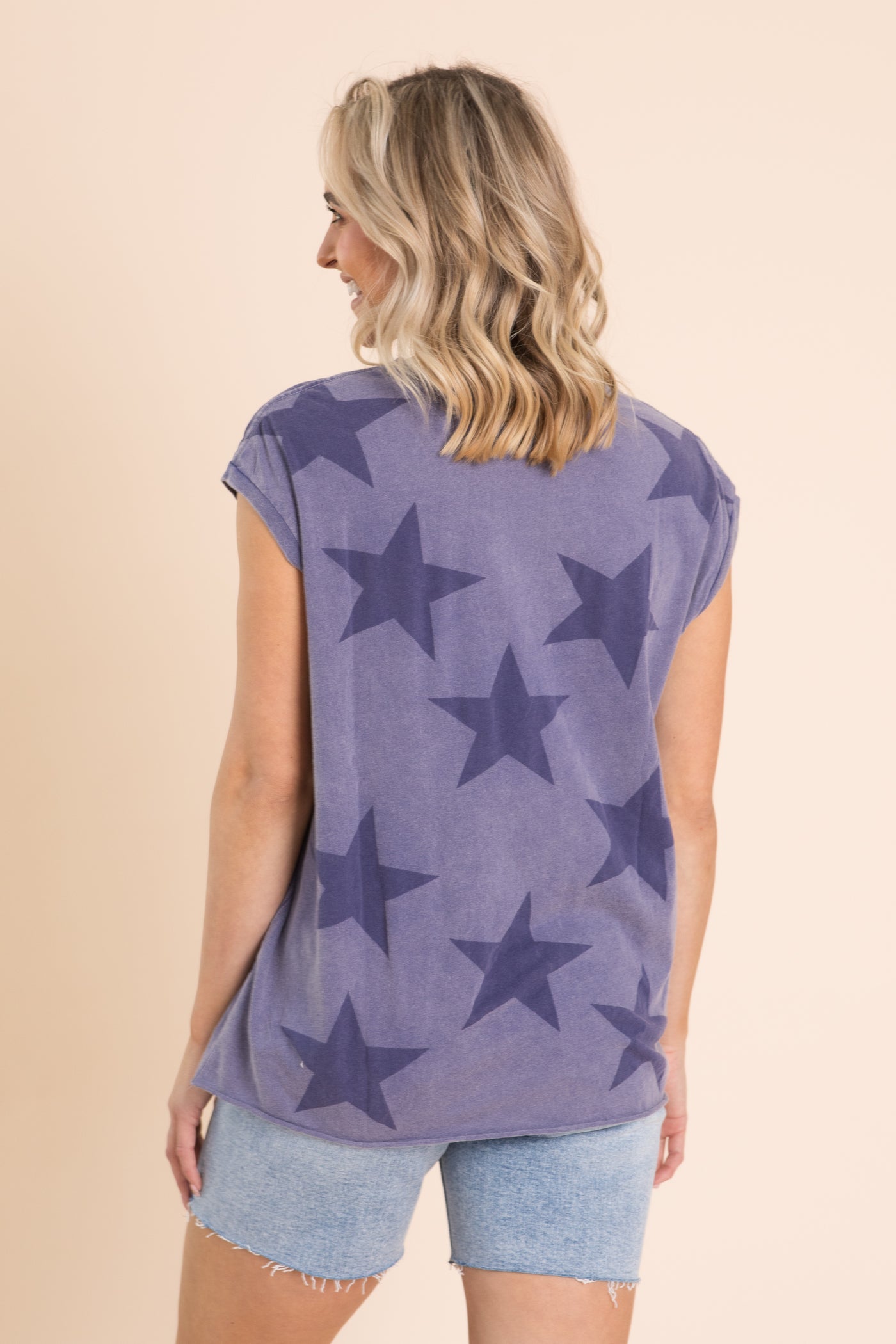 Dark Dusty Indigo Star Print Short Sleeve Top