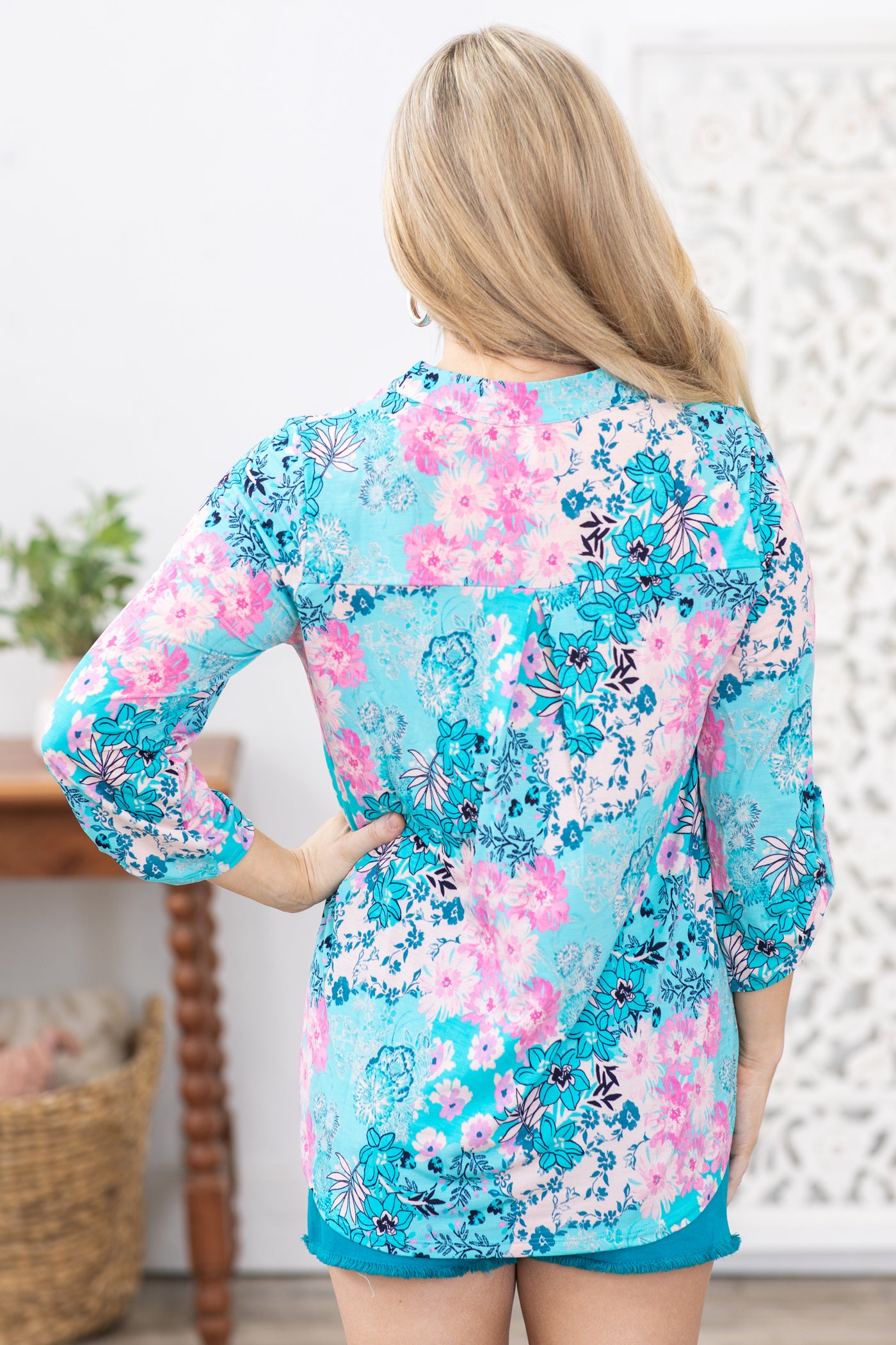 Turquoise Printed Wrinkle Free Lizzy Top