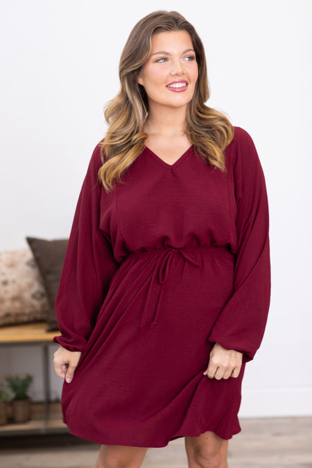 Burgundy Drawstring Waist Dolman Sleeve Dress