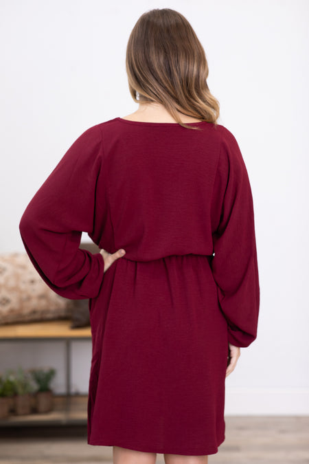 Burgundy Drawstring Waist Dolman Sleeve Dress