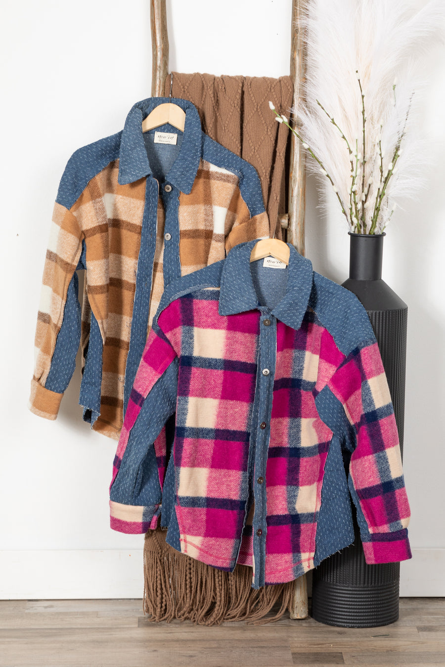 Textured Denim Contrast Plaid Shacket