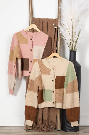 Colorblock Button Down Textured Knit Cardigan