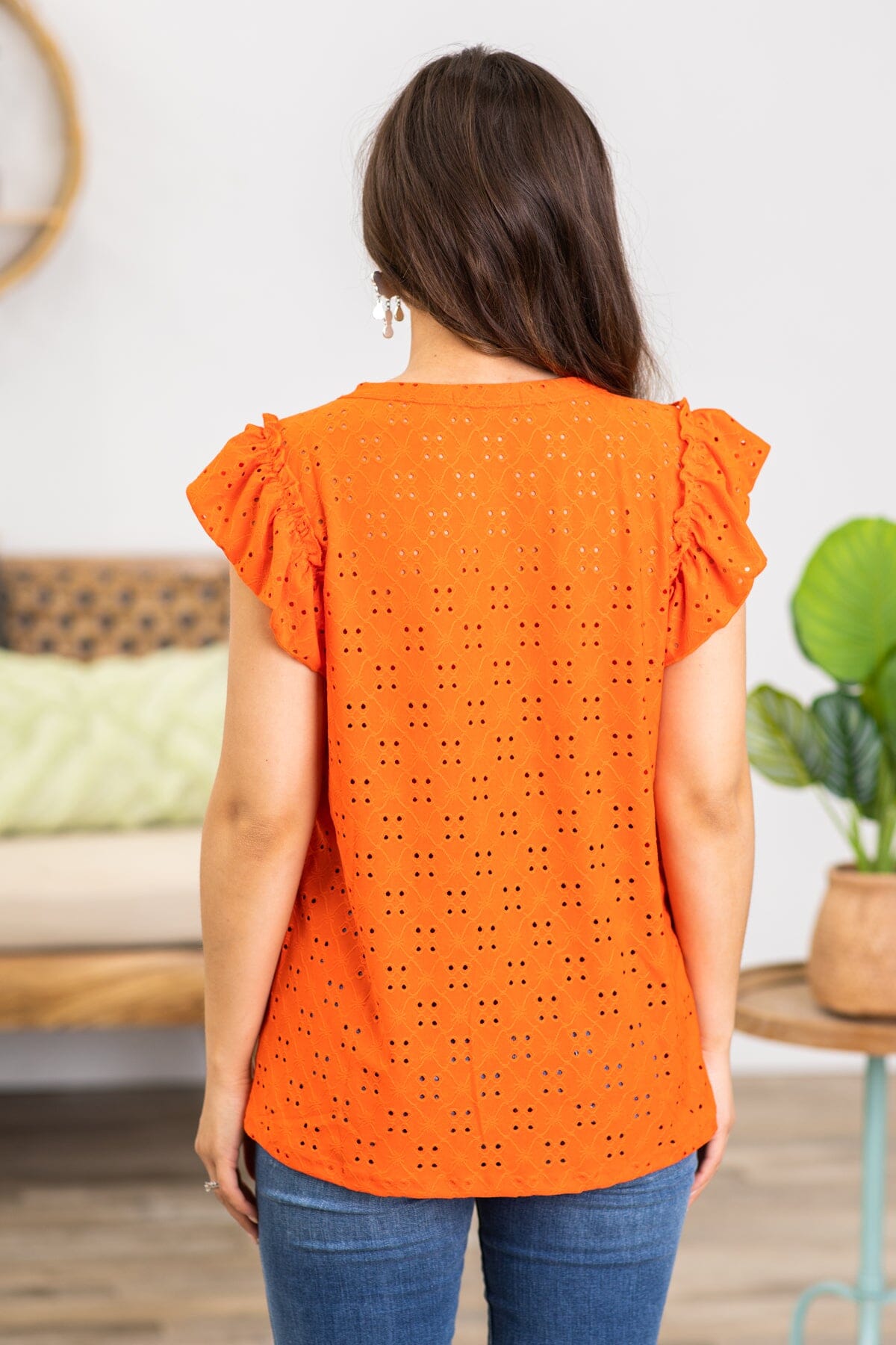 Orange Flutter Sleeve Knit Eyelet Top - Filly Flair