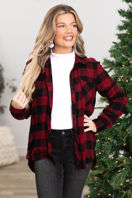 Black and Red Buffalo Plaid Button Up Top