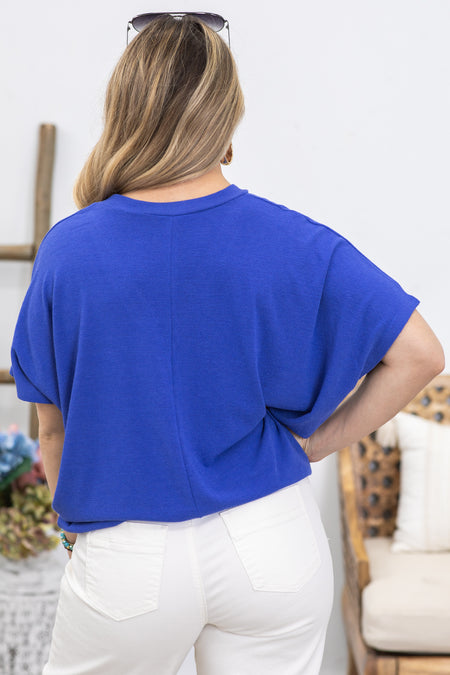 Blue Basic V-Neck Short Sleeve Knit Top