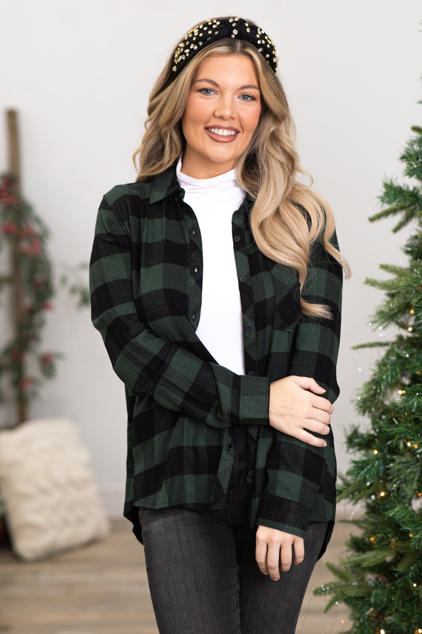 Green and Black Buffalo Plaid Button Up Top