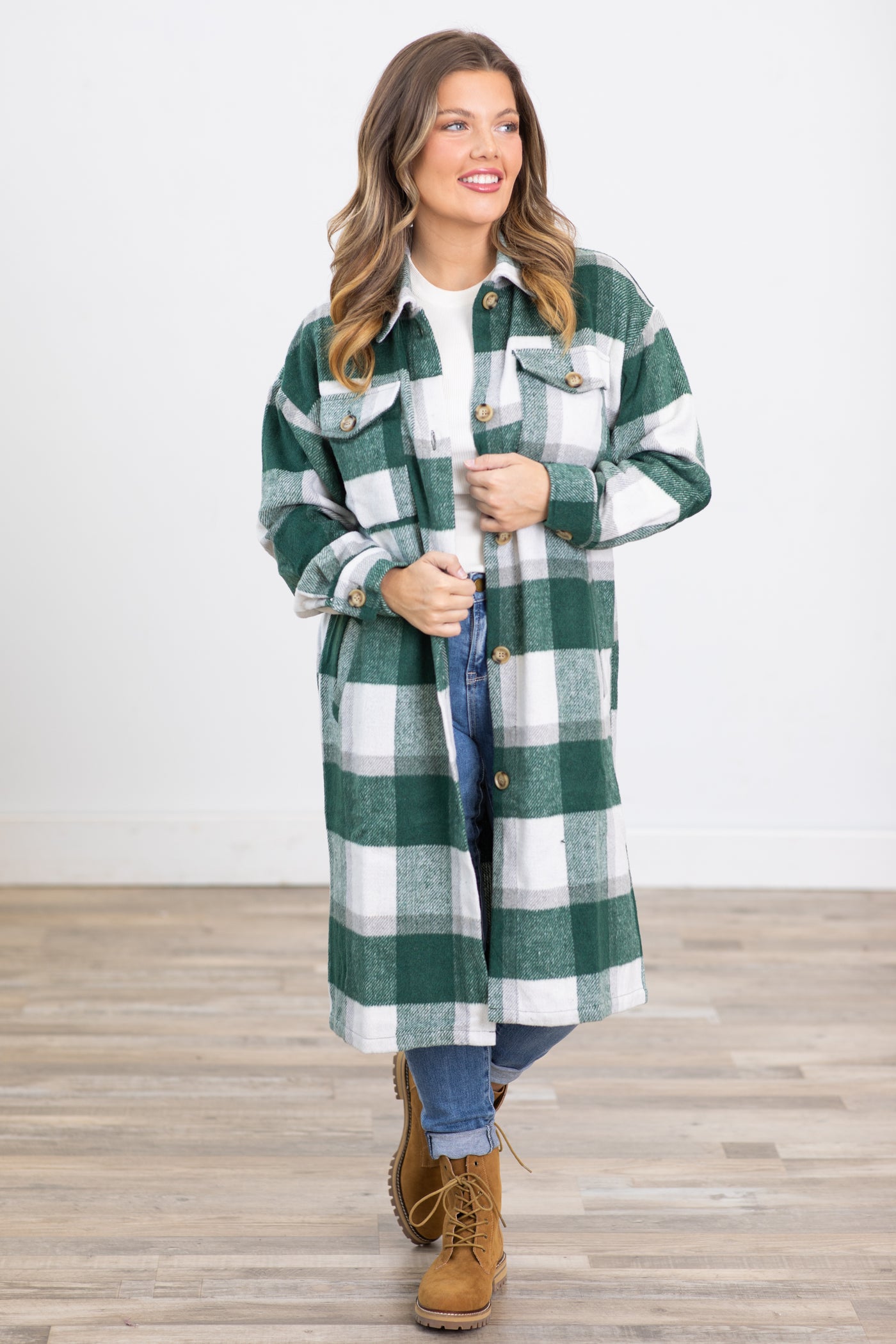 Hunter Green and Off White Long Plaid Shacket