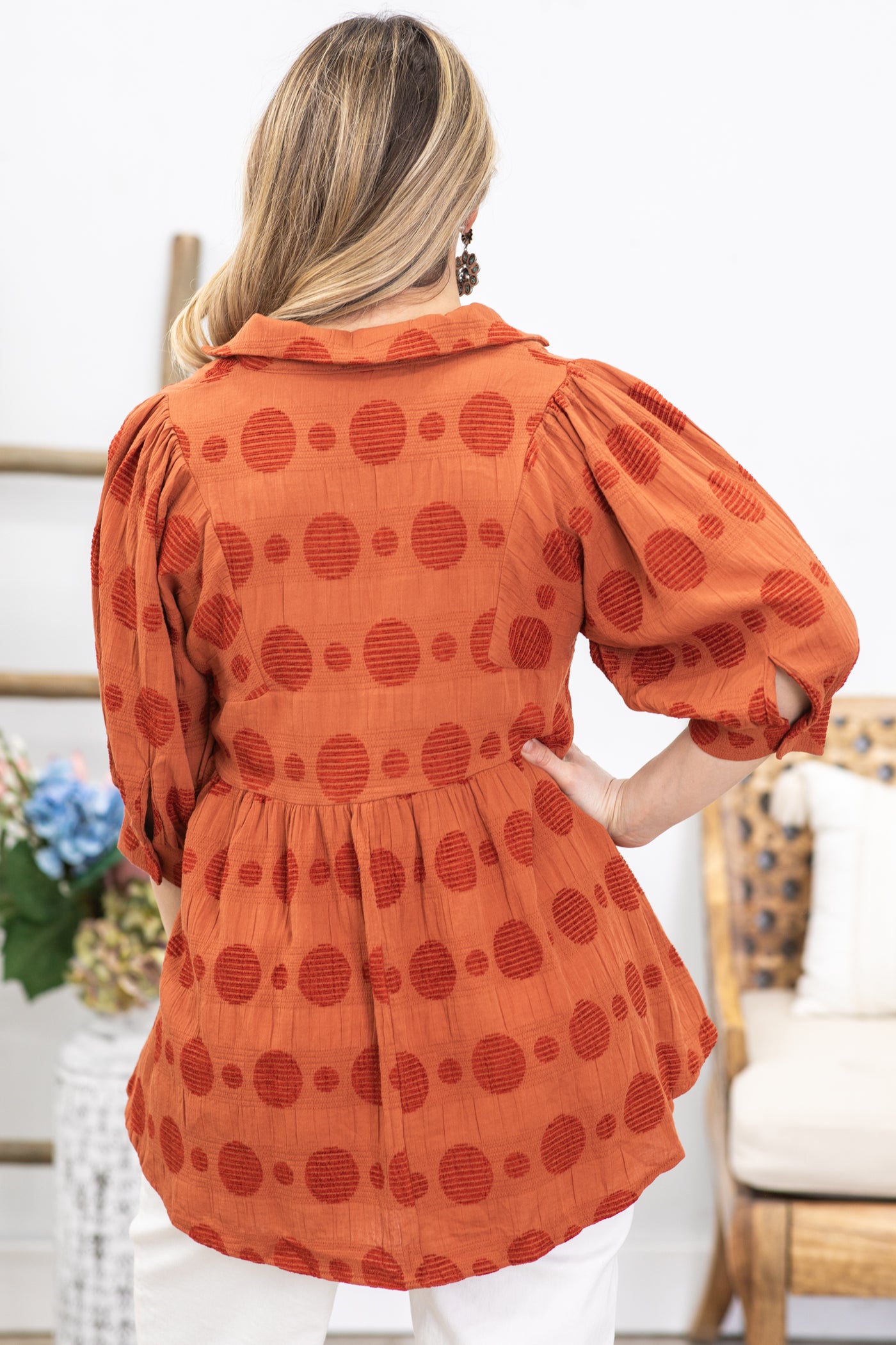 Rust Dot Print 3/4 Sleeve Woven Top