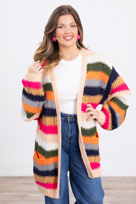 Navy Multicolor Stripe Chunky Cardigan