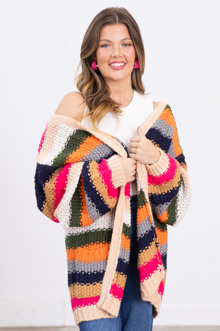 Navy Multicolor Stripe Chunky Cardigan