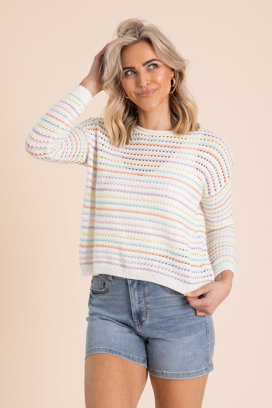 Ivory Multicolor Stripe Crochet Sweater