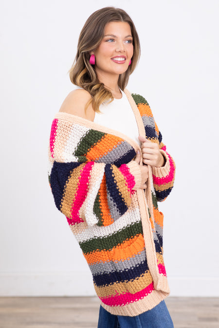 Navy Multicolor Stripe Chunky Cardigan