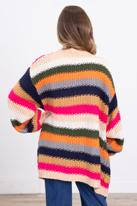 Navy Multicolor Stripe Chunky Cardigan