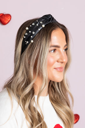 Black Knotted Faux Pearl Rhinestone Headband