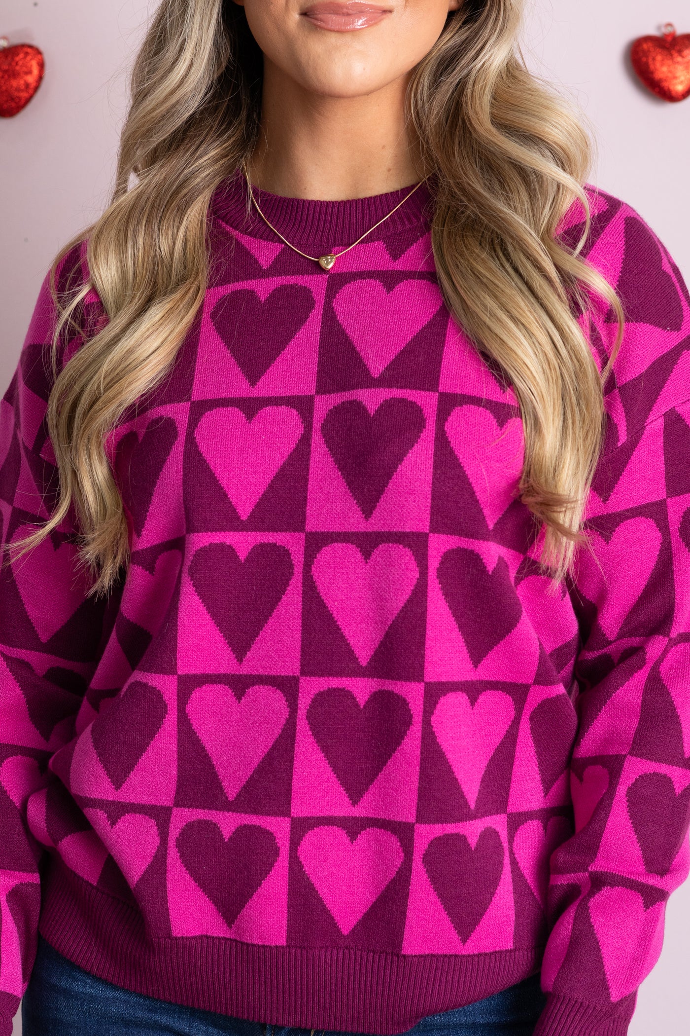 Heart Checkerboard Pullover Sweater