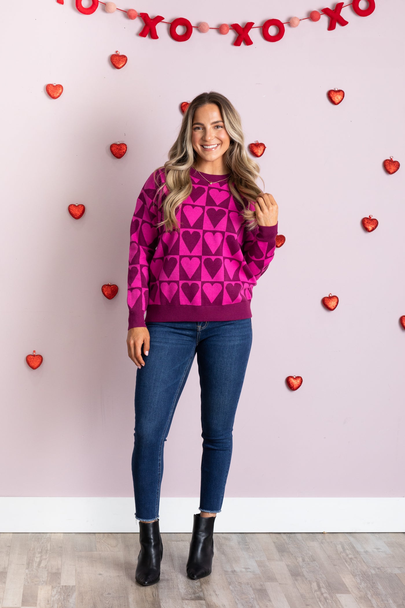 Heart Checkerboard Pullover Sweater