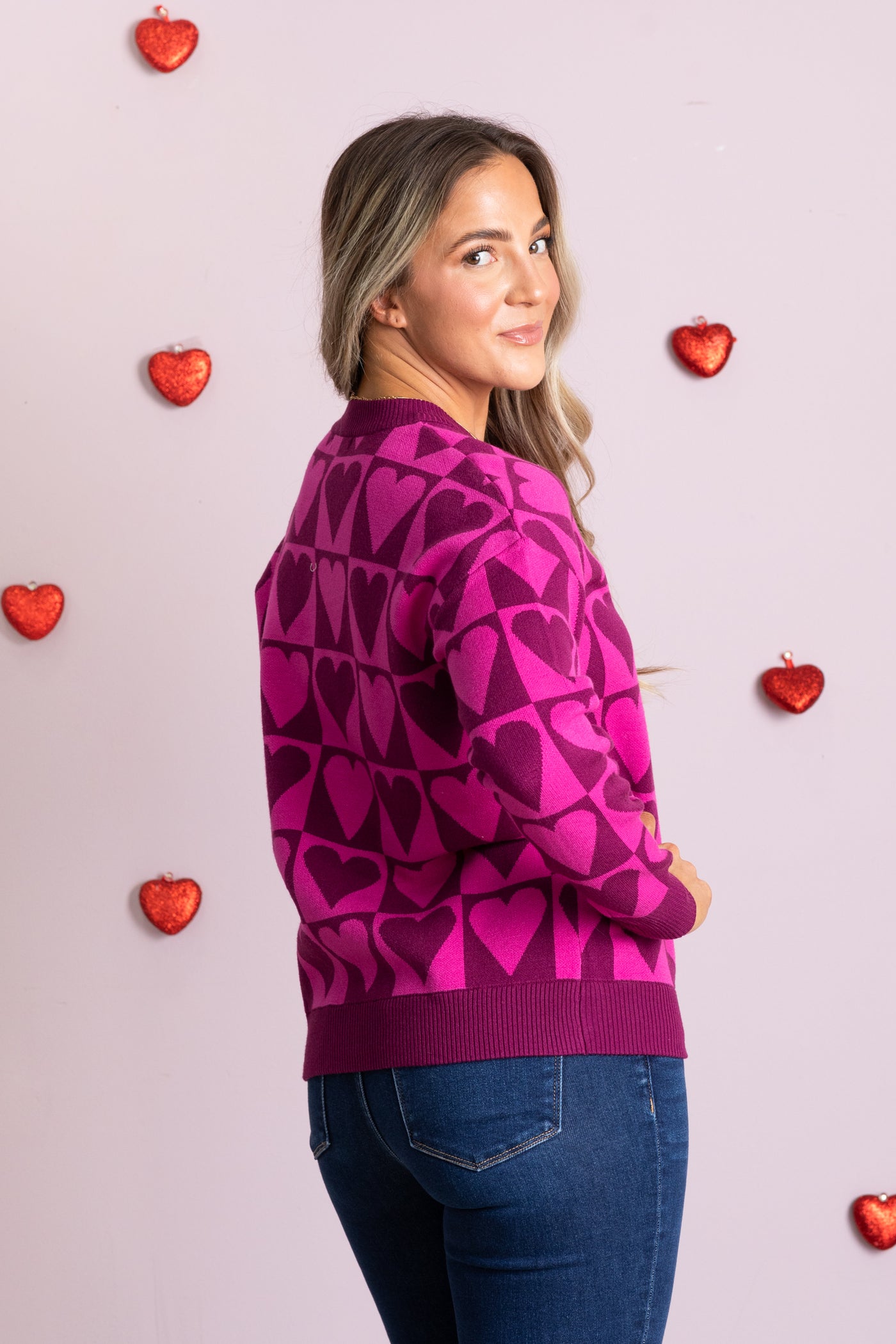 Heart Checkerboard Pullover Sweater