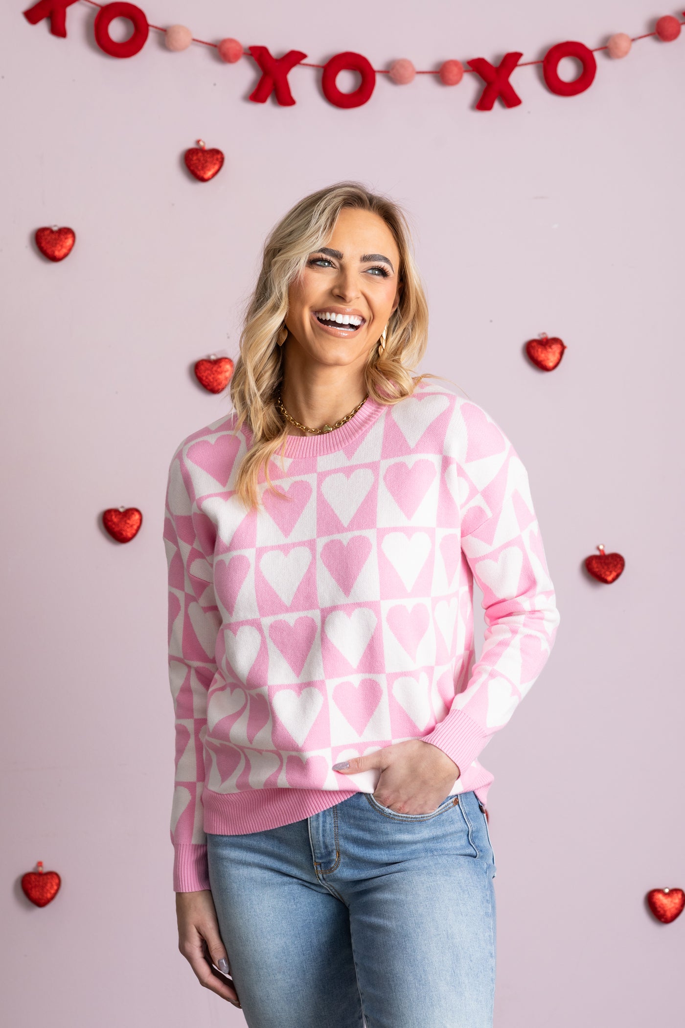 Heart Checkerboard Pullover Sweater