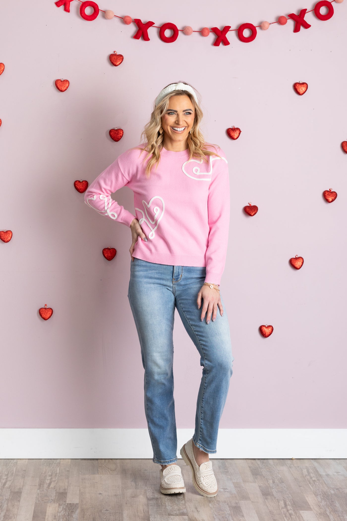 Pink and White Hearts Embroidered Knit Sweater