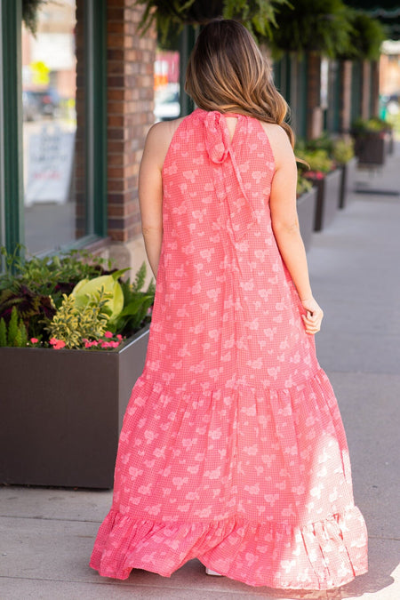 Coral Textured Halter Neck Maxi Dress - Filly Flair