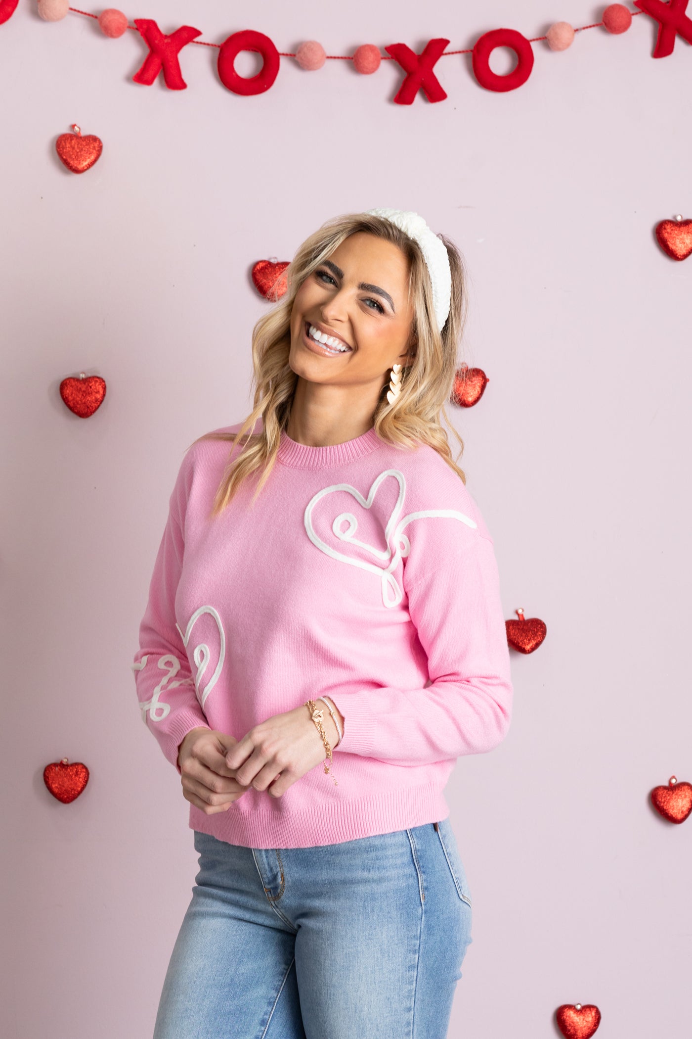 Pink and White Hearts Embroidered Knit Sweater