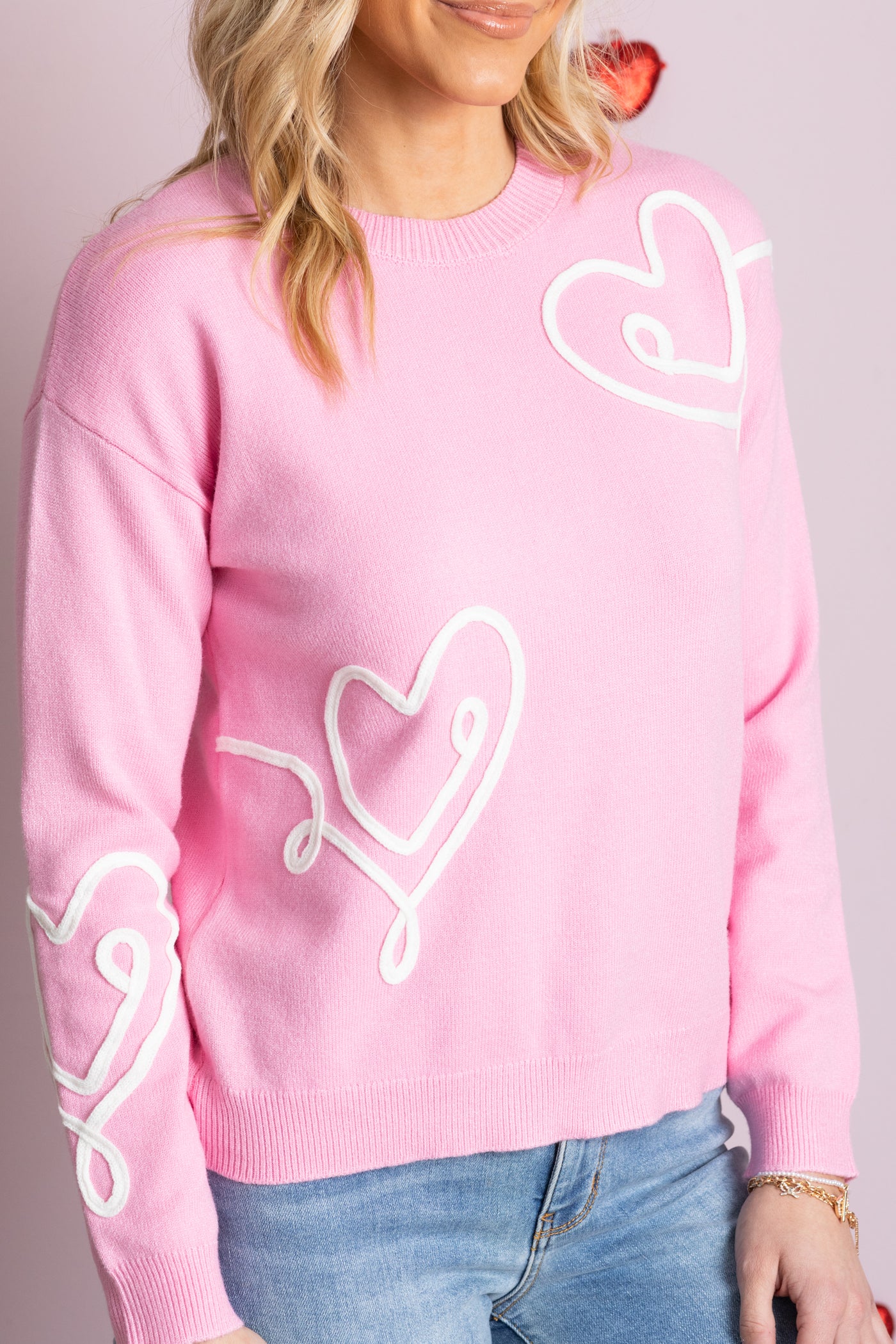 Pink and White Hearts Embroidered Knit Sweater