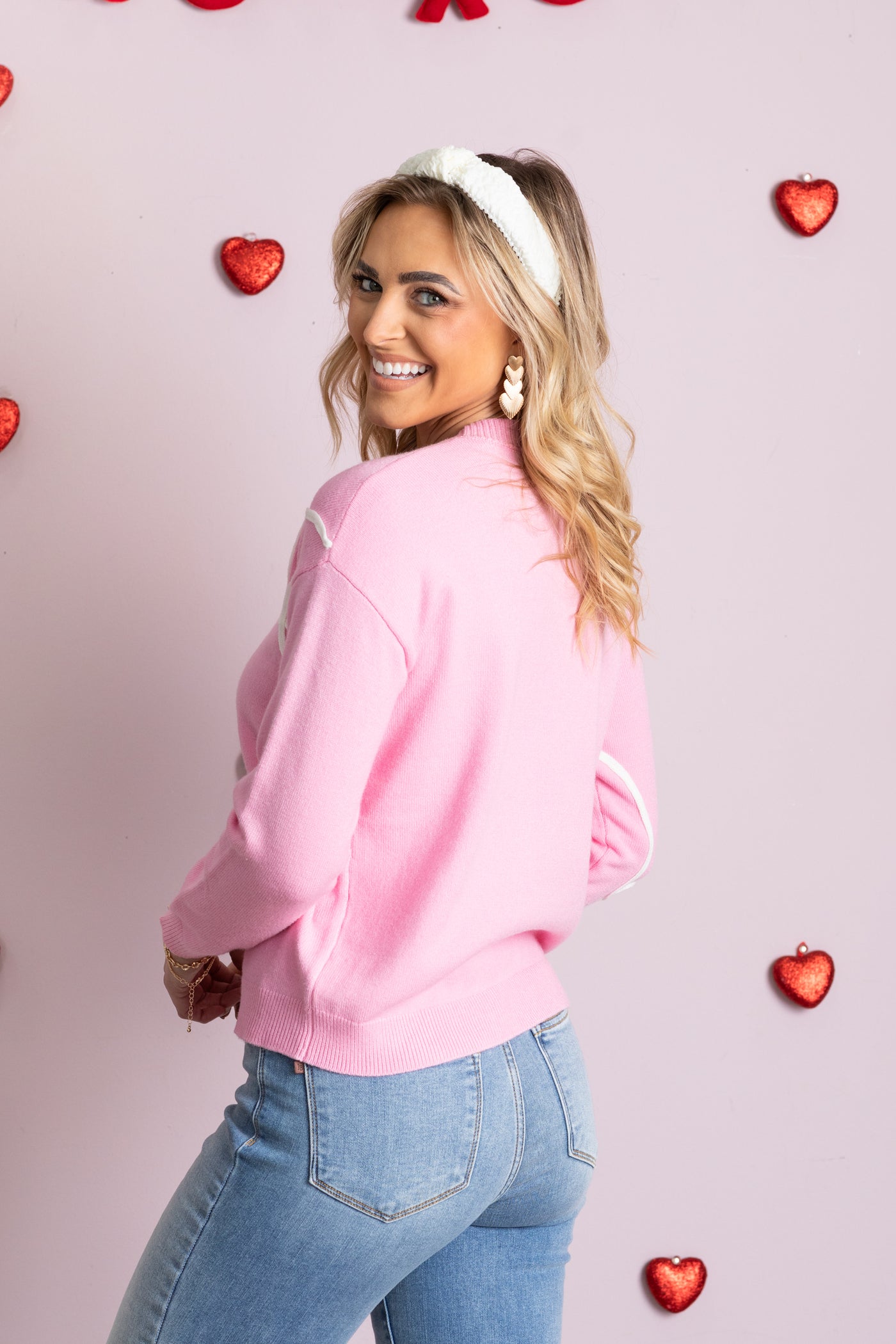 Pink and White Hearts Embroidered Knit Sweater