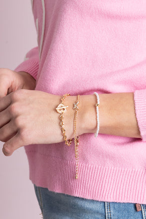 Gold Bow Heart Pearl Bracelet Set