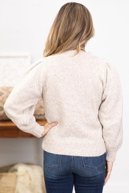 Beige Melange Puff Sleeve Sweater