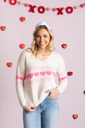 Beige With Pink Hearts V-Neck Knit Top