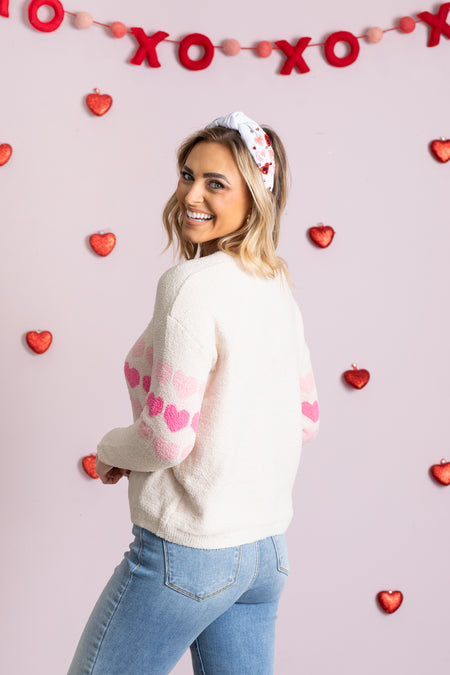 Beige With Pink Hearts V-Neck Knit Top