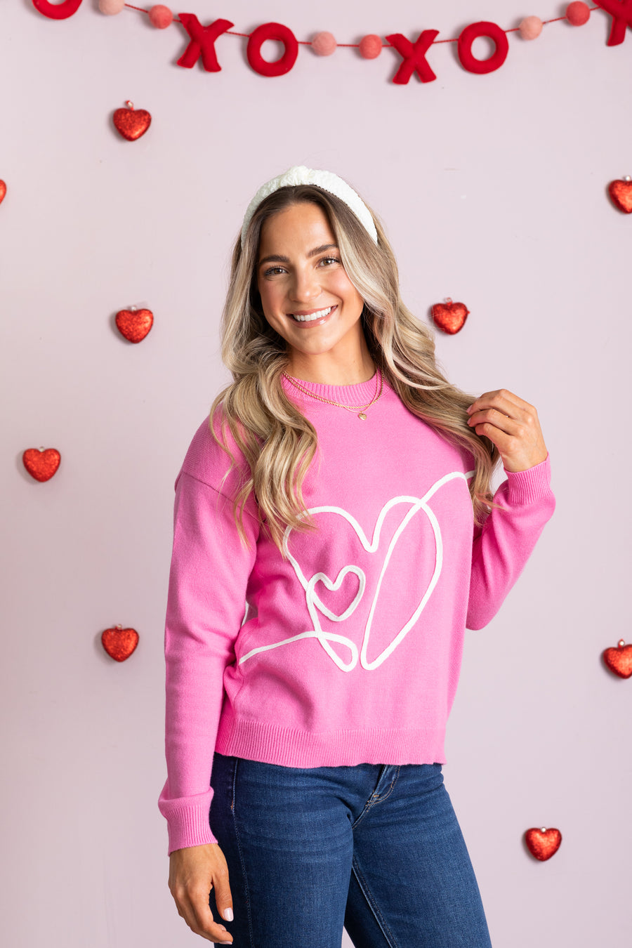 Hot Pink Embroidered Heart Sweater