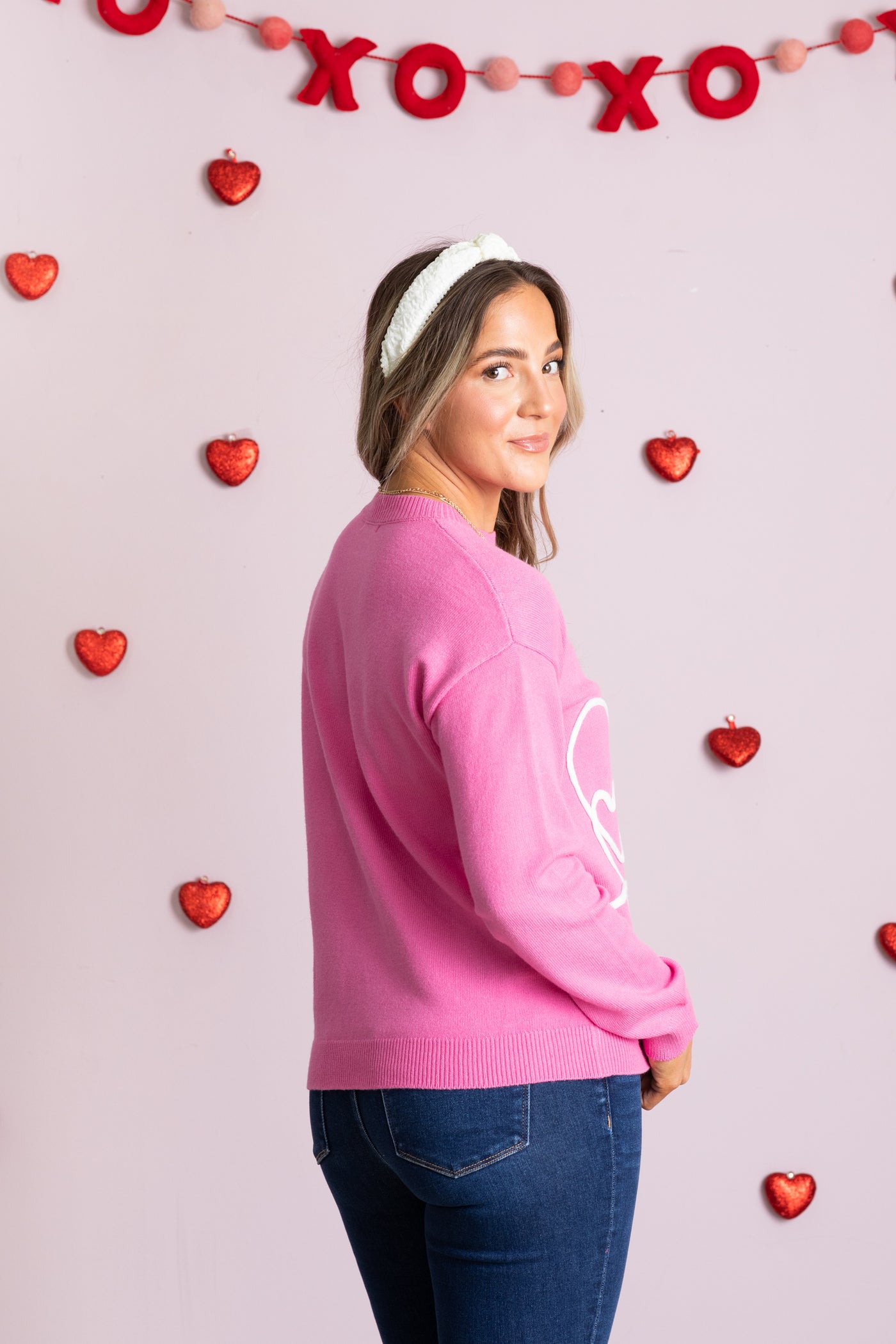 Hot Pink Embroidered Heart Sweater