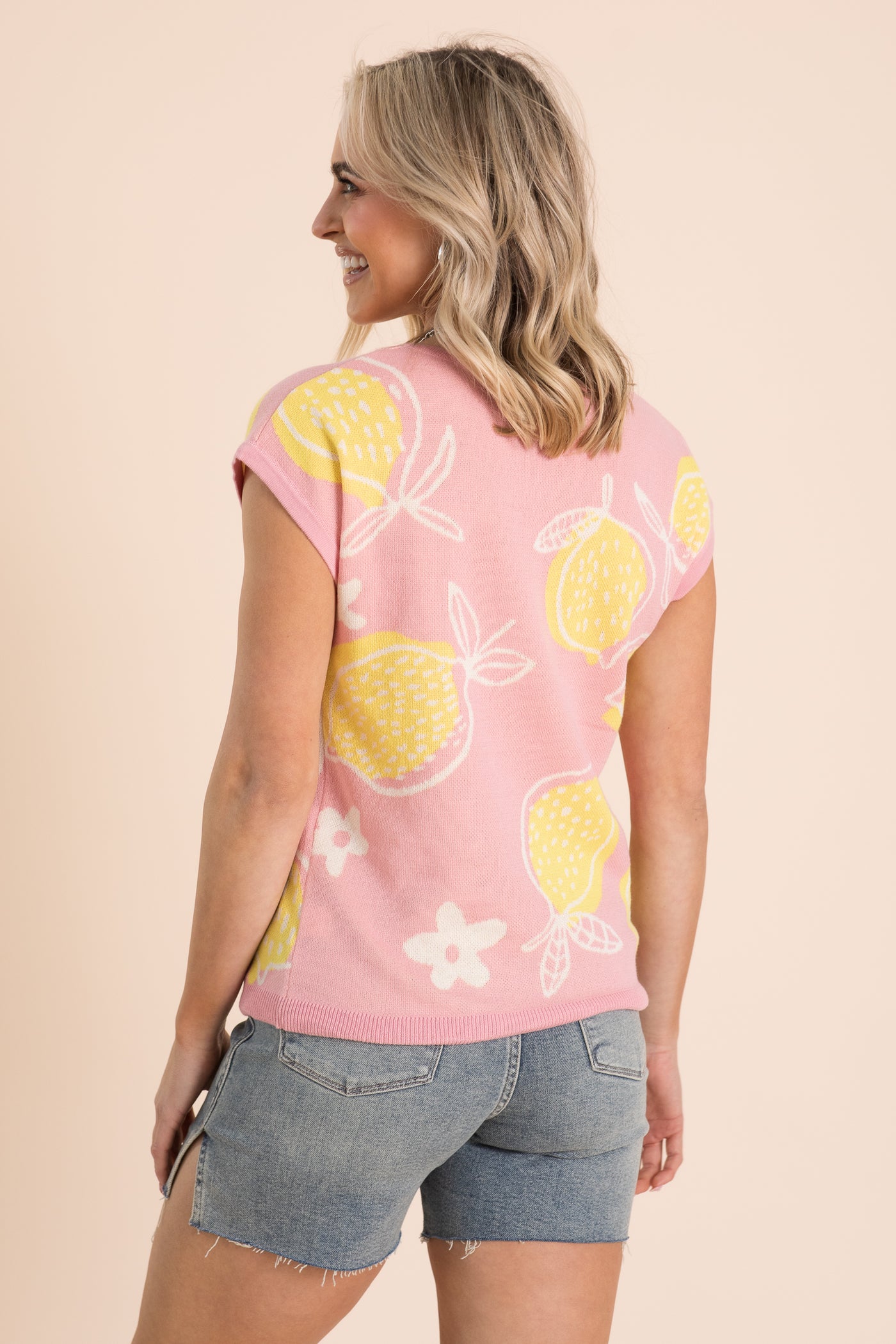 Baby Pink Lemon Print Knit Sweater Top