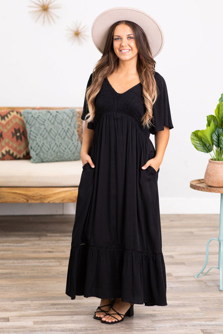 Black Flutter Sleeve Midi Dress With Pockets - Filly Flair