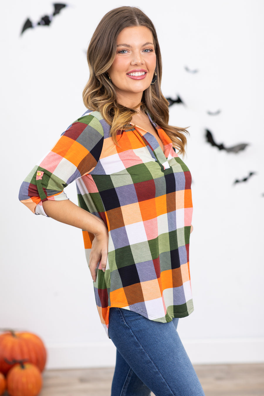 Olive and Orange Plaid Notch Neck Top