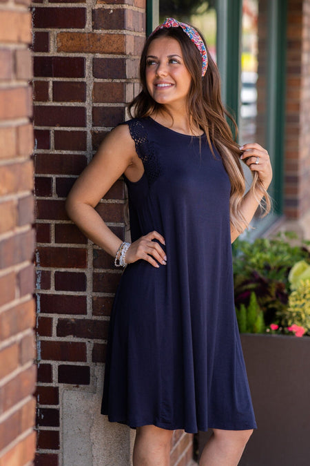 Navy Crochet Trim Shift Dress - Filly Flair